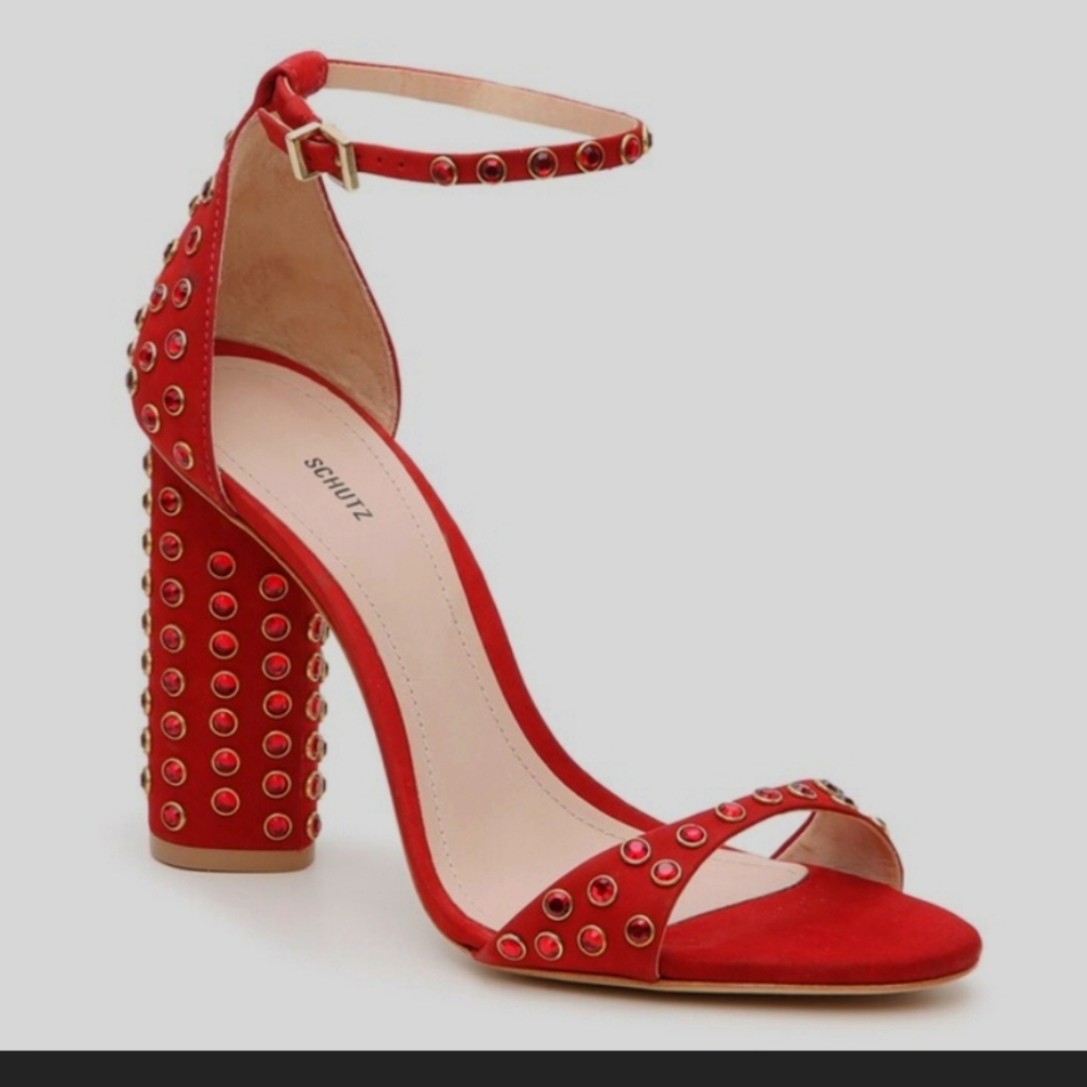 Schutz Tango Red Marcelle NoBuck Chuncky High Heels With Red Studs